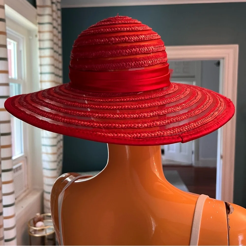 Elegant Red Wide-Brim Decorative Women's Hat - Picture 3 of 8